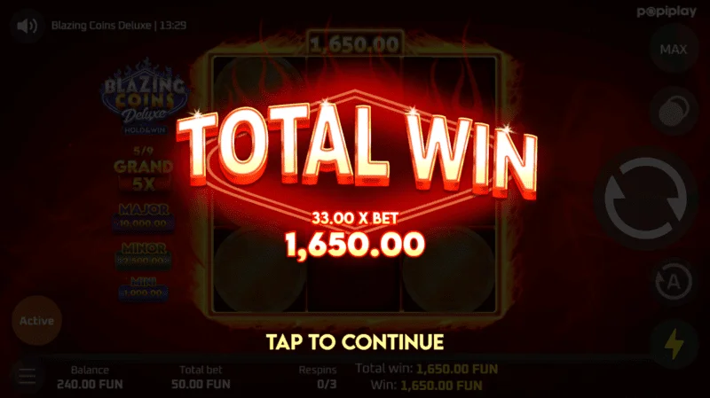 Blazing Coins Deluxe রেস্পিন মোট জয়
